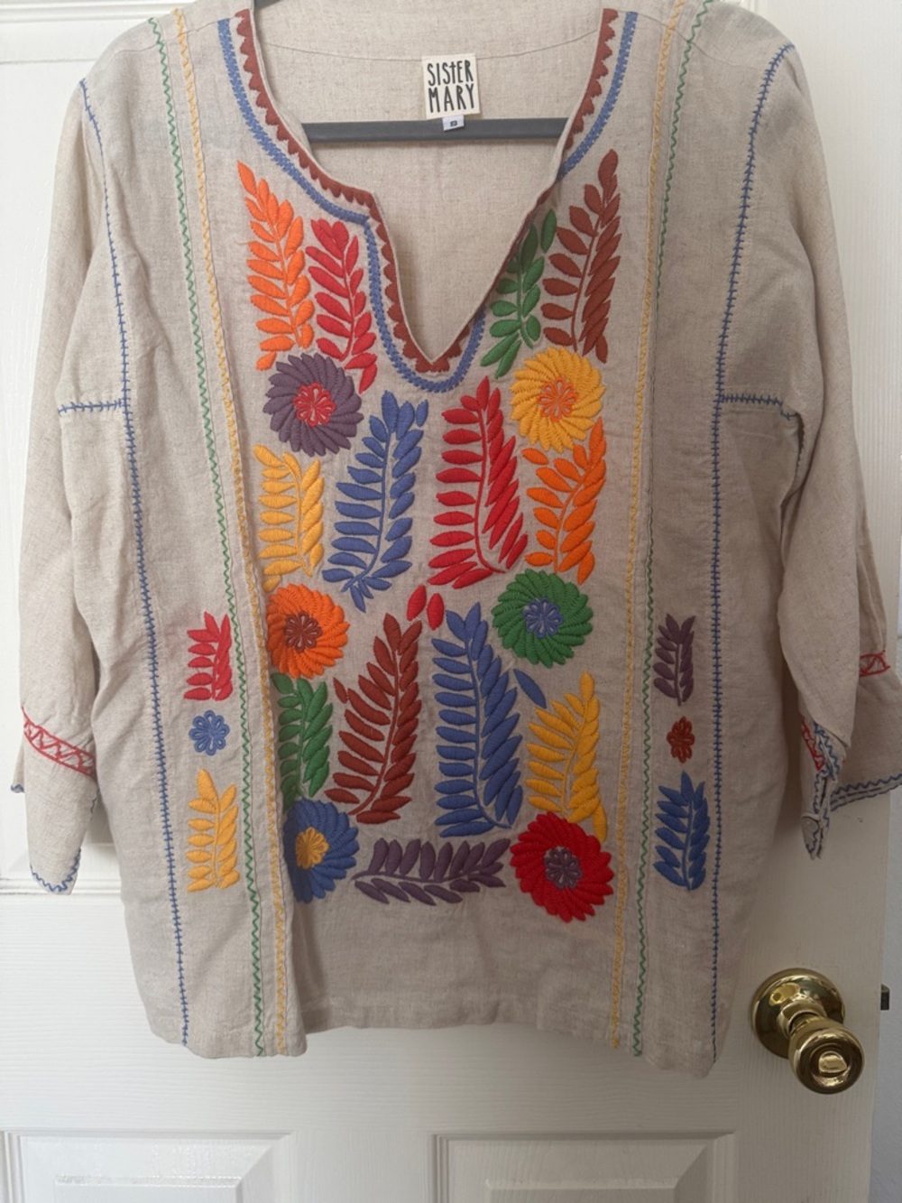 Sister Mary Beige Embroidered Floral Tunic Blouse